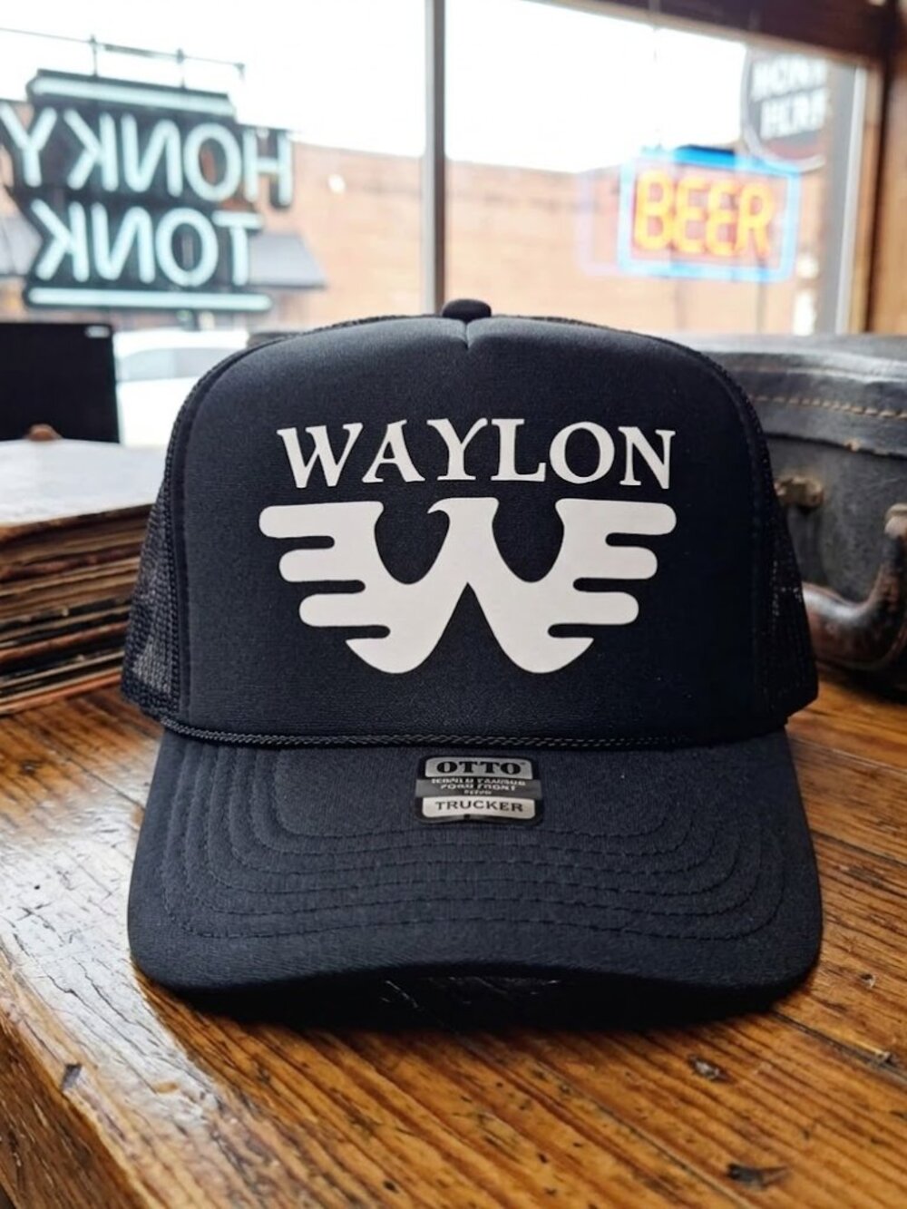 Waylon Jennings Flying W Black White OTTO Foam Rope Snapback Trucker Hat Country